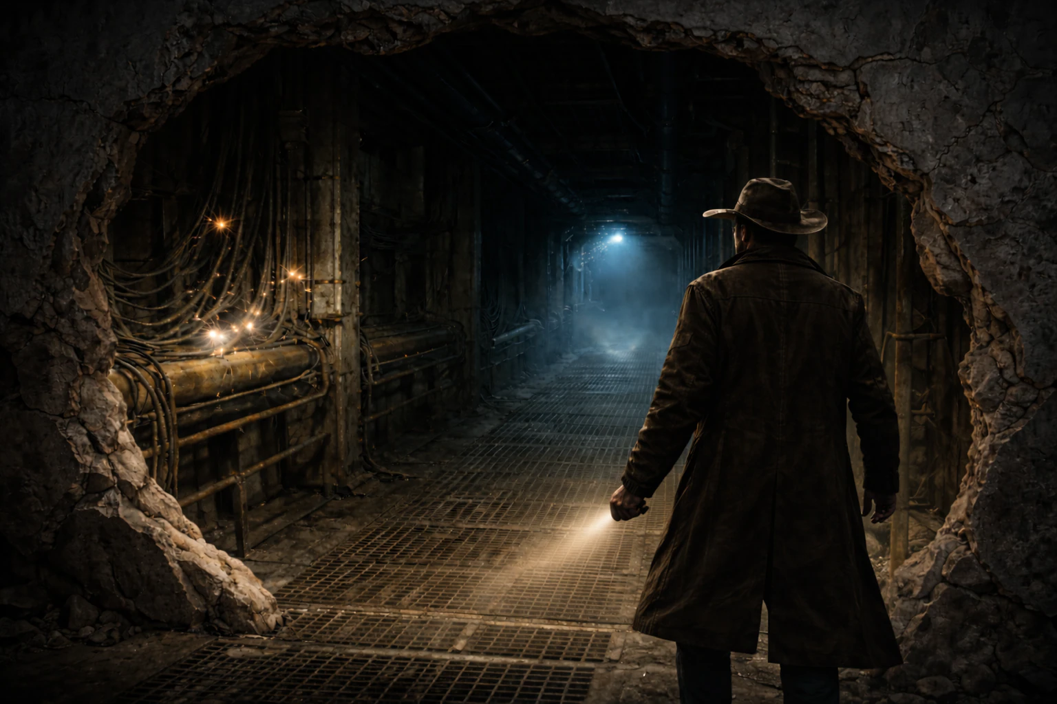 Данди входит на фабрику через пролом в стене после старой аварии