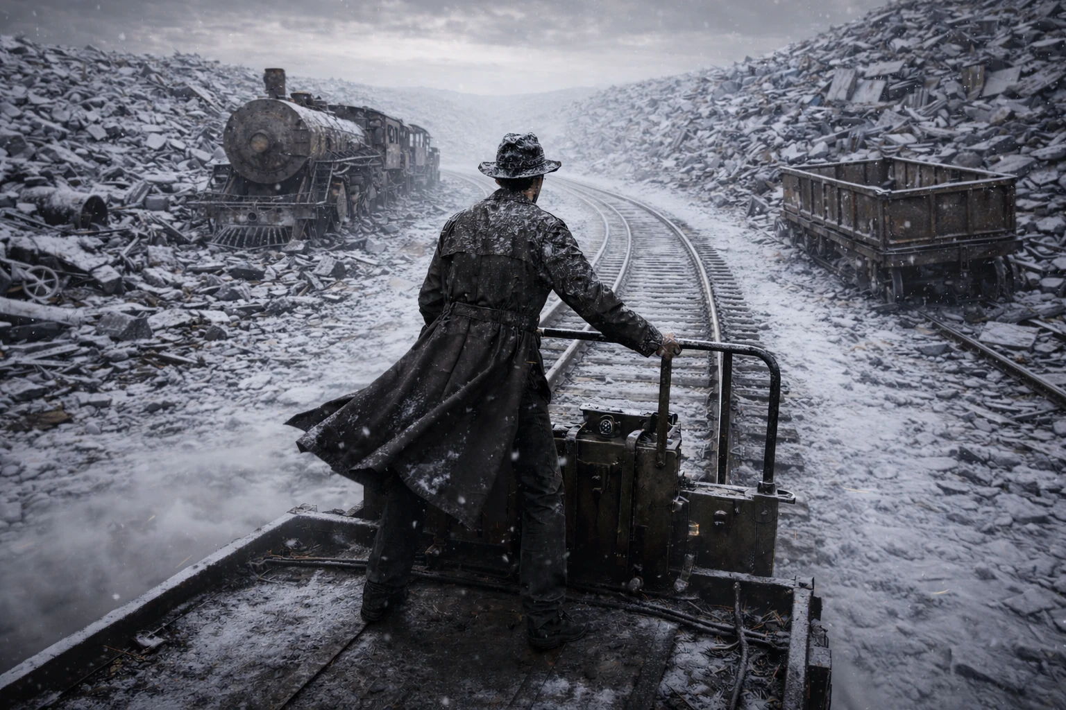 Рельсы уходят дальше через металлический каньон из старых механизмов