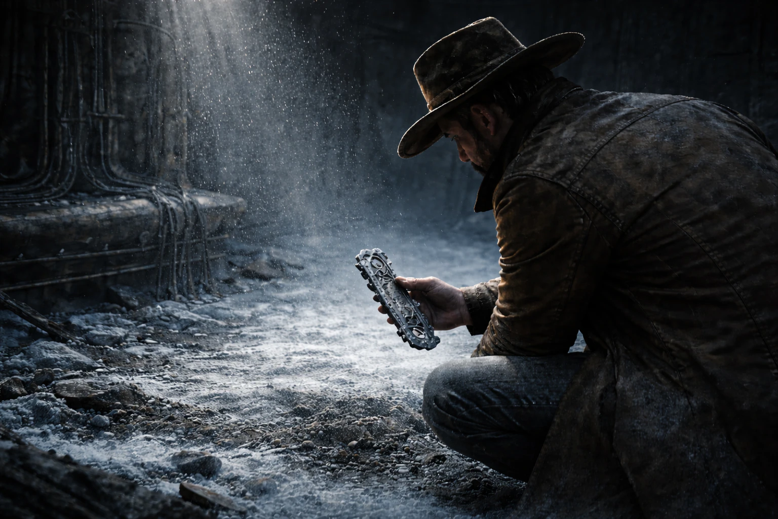 Данди находит в пыли металлический ключ-направитель со знаком с карты