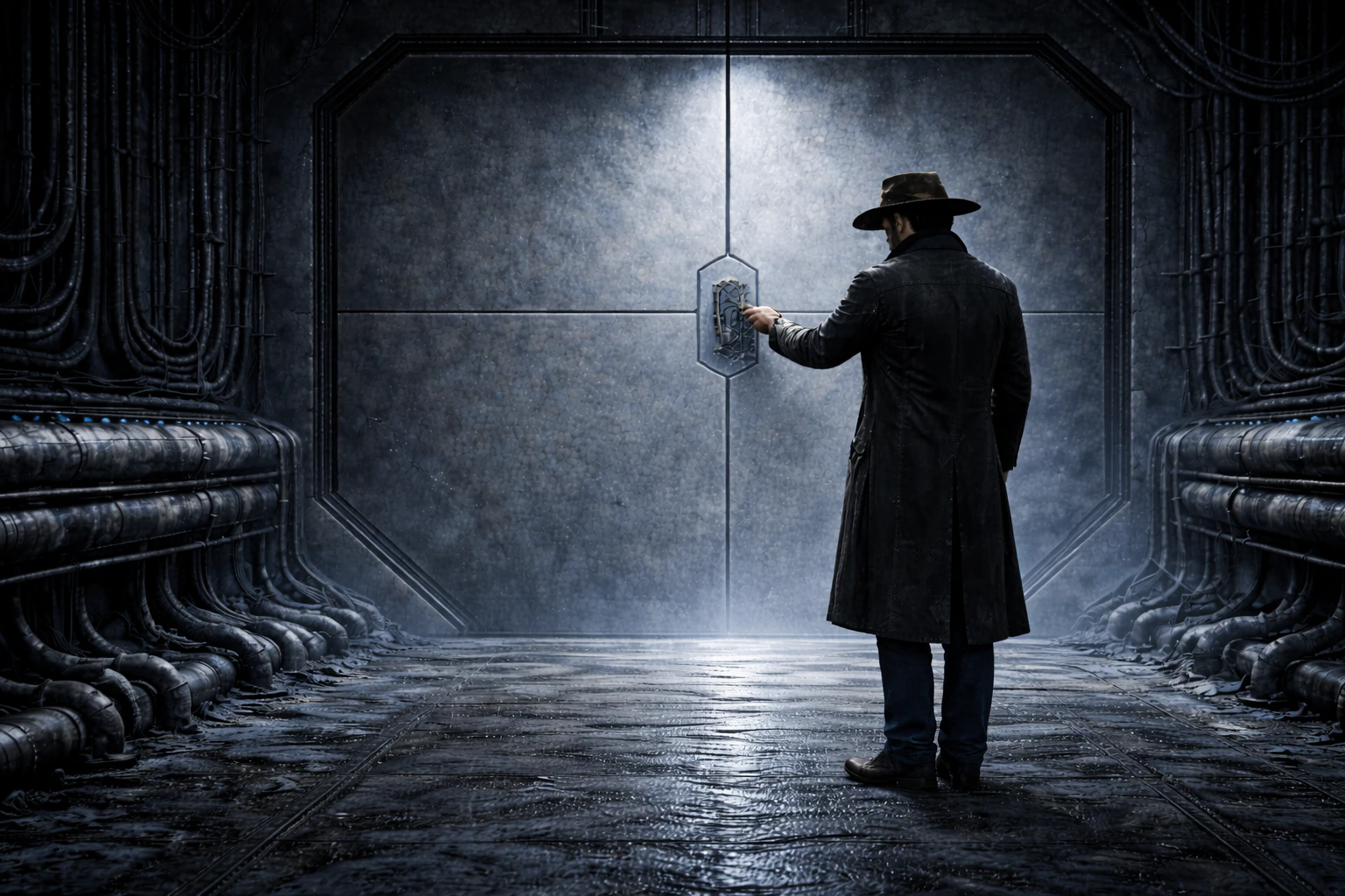 Данди вставляет ключ-направитель в паз, и створка начинает открываться