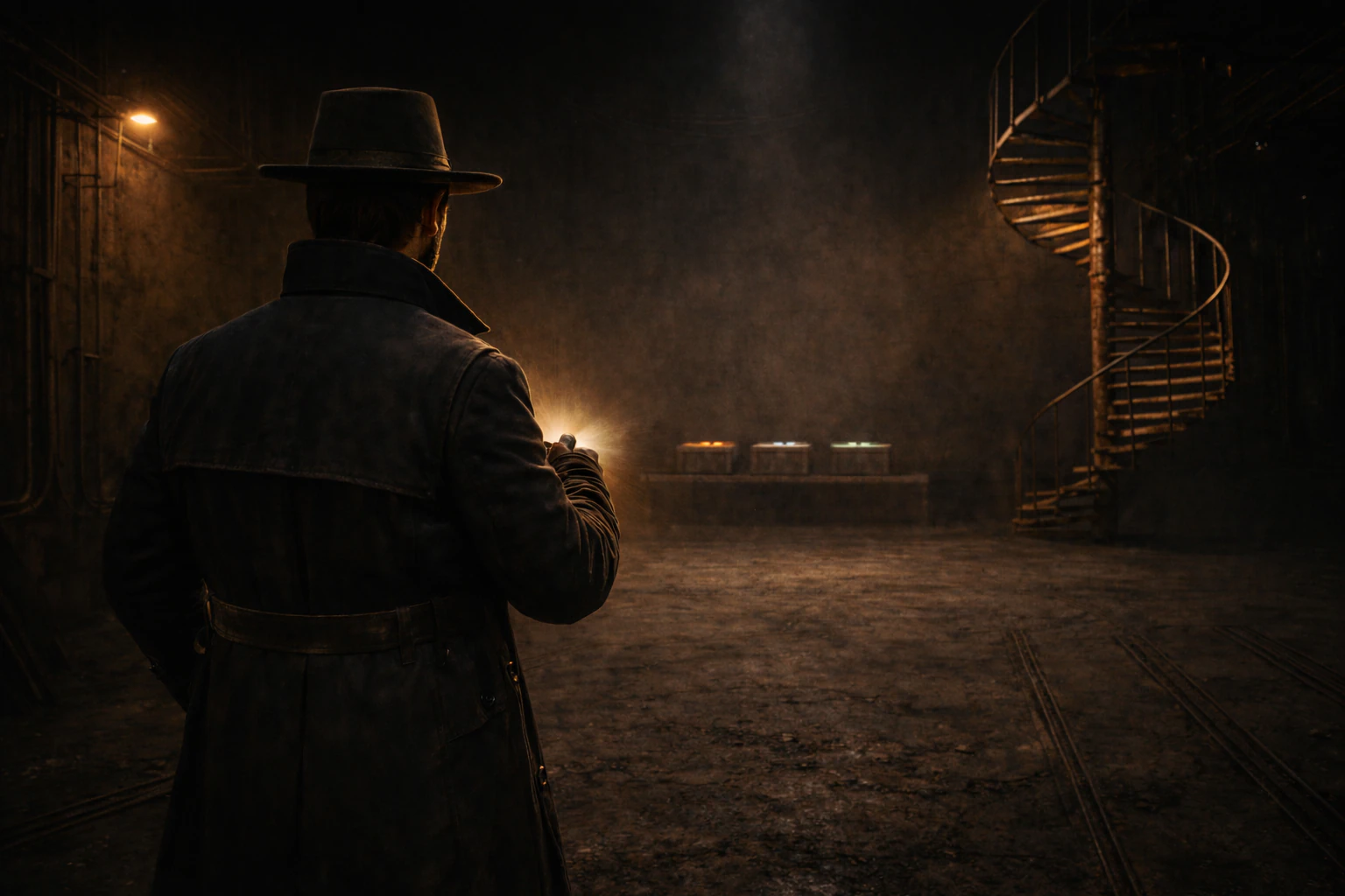 В тёмном зале видны три контейнера на постаменте и винтовая лестница вверх