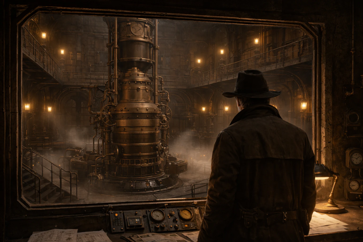 Данди включает освещение и видит в зале большой агрегат и галереи на разных уровнях